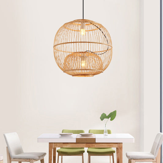 Bamboo Global Shade Pendant Lighting Contemporary Style 2 Lights Beige Hanging Lamp for Restaurant, 14"/16" W Clearhalo 'Ceiling Lights' 'Pendant Lights' 'Pendants' Lighting' 141189