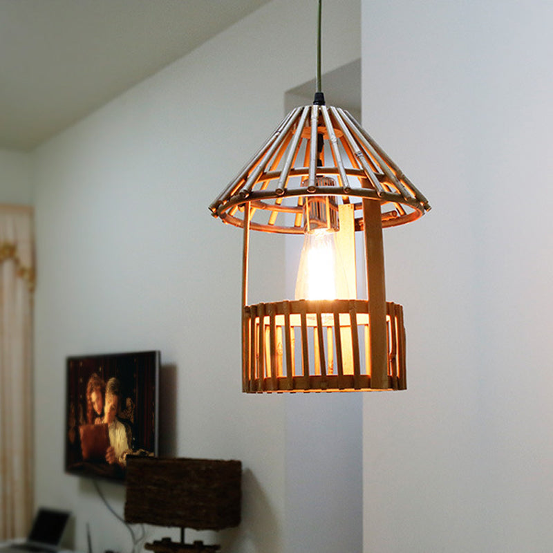 Small Pavilion Shaped Hanging Lamp Asian Style Bamboo 1-Light Dining Room Suspension Pendant in Natural Wood Clearhalo 'Ceiling Lights' 'Pendant Lights' 'Pendants' Lighting' 141195