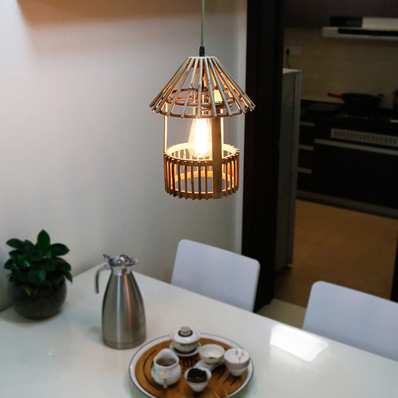 Small Pavilion Shaped Hanging Lamp Asian Style Bamboo 1-Light Dining Room Suspension Pendant in Natural Wood Clearhalo 'Ceiling Lights' 'Pendant Lights' 'Pendants' Lighting' 141197