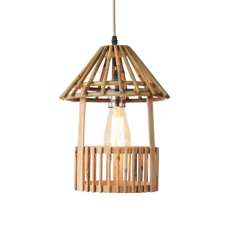 Small Pavilion Shaped Hanging Lamp Asian Style Bamboo 1-Light Dining Room Suspension Pendant in Natural Wood Clearhalo 'Ceiling Lights' 'Pendant Lights' 'Pendants' Lighting' 141198