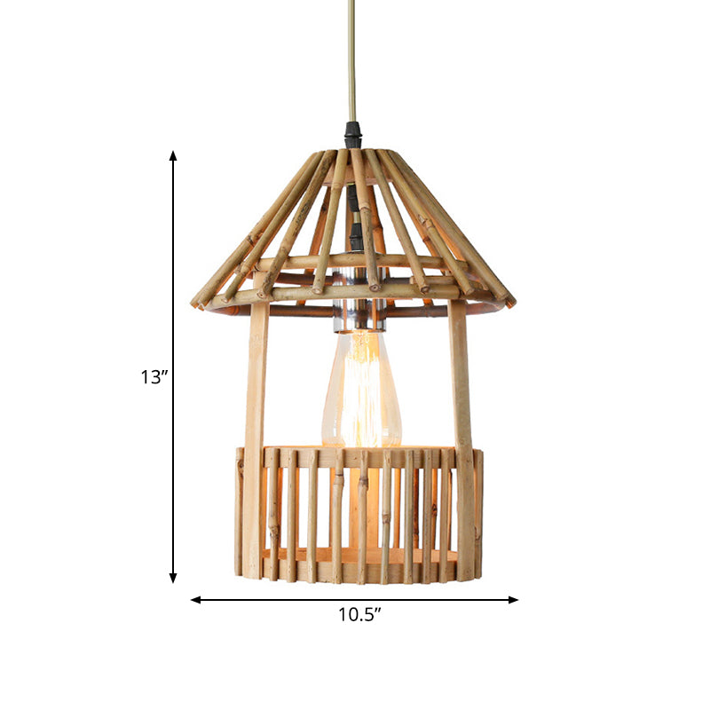 Small Pavilion Shaped Hanging Lamp Asian Style Bamboo 1-Light Dining Room Suspension Pendant in Natural Wood Clearhalo 'Ceiling Lights' 'Pendant Lights' 'Pendants' Lighting' 141199