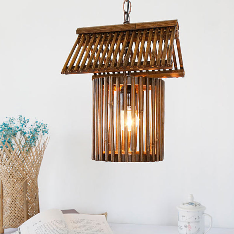 House Shape Drop Pendant Rustic Bamboo 1-Light Brown Hanging Ceiling Light for Living Room Brown Clearhalo 'Ceiling Lights' 'Pendant Lights' 'Pendants' Lighting' 141206_d40c6b09-5ca6-402f-9a5e-903abcc5d5a0