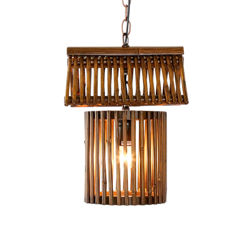 House Shape Drop Pendant Rustic Bamboo 1-Light Brown Hanging Ceiling Light for Living Room Clearhalo 'Ceiling Lights' 'Pendant Lights' 'Pendants' Lighting' 141208