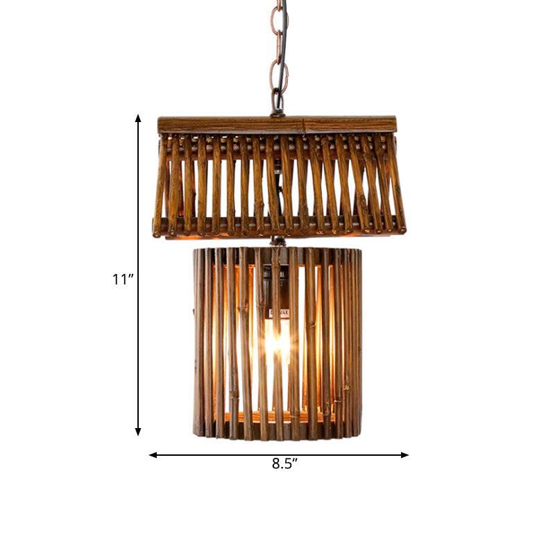 House Shape Drop Pendant Rustic Bamboo 1-Light Brown Hanging Ceiling Light for Living Room Clearhalo 'Ceiling Lights' 'Pendant Lights' 'Pendants' Lighting' 141209