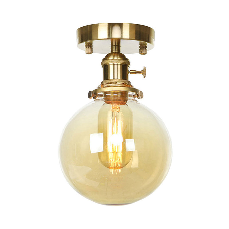 Brass One Bulb Ceiling Lighting Farmhouse Clear/Amber Glass Globe Semi Flush Light for Dining Room Clearhalo 'Ceiling Lights' 'Close To Ceiling Lights' 'Close to ceiling' 'Glass shade' 'Glass' 'Pendant Lights' 'Semi-flushmount' Lighting' 141212