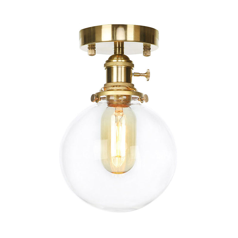 Brass One Bulb Ceiling Lighting Farmhouse Clear/Amber Glass Globe Semi Flush Light for Dining Room Clearhalo 'Ceiling Lights' 'Close To Ceiling Lights' 'Close to ceiling' 'Glass shade' 'Glass' 'Pendant Lights' 'Semi-flushmount' Lighting' 141215