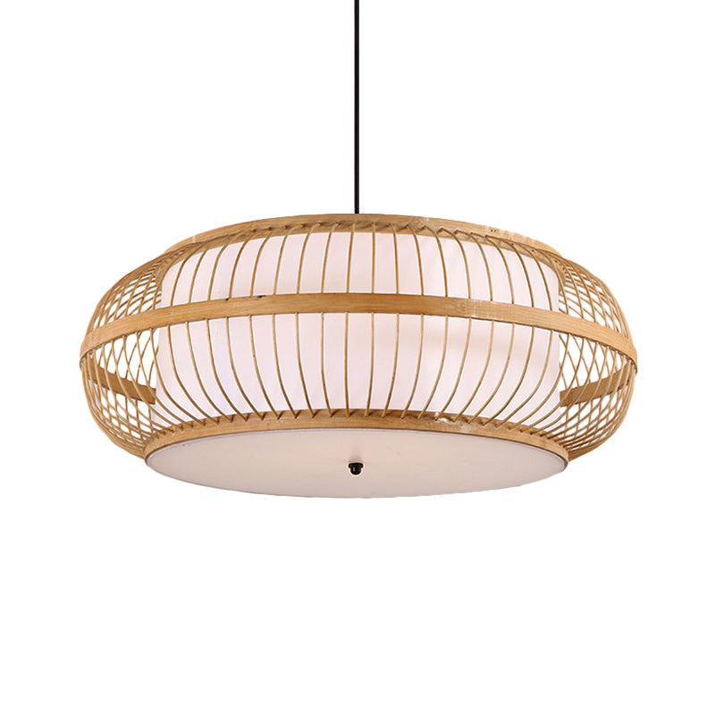 Beige Drum Pendant Lighting Asian Style 1 Light Bamboo Hanging Ceiling Light for Dining Room, 18"/21.5" Diameter Clearhalo 'Ceiling Lights' 'Pendant Lights' 'Pendants' Lighting' 141218