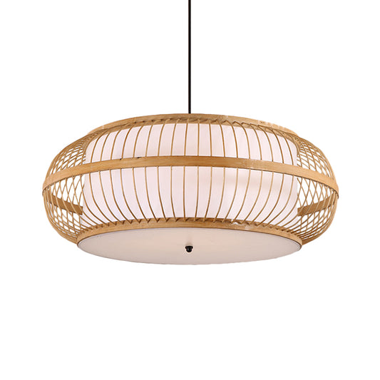 Beige Drum Pendant Lighting Asian Style 1 Light Bamboo Hanging Ceiling Light for Dining Room, 18"/21.5" Diameter Clearhalo 'Ceiling Lights' 'Pendant Lights' 'Pendants' Lighting' 141218