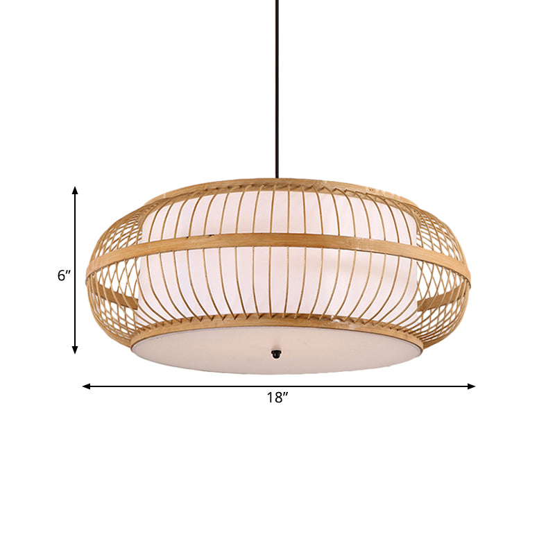 Beige Drum Pendant Lighting Asian Style 1 Light Bamboo Hanging Ceiling Light for Dining Room, 18"/21.5" Diameter Clearhalo 'Ceiling Lights' 'Pendant Lights' 'Pendants' Lighting' 141220