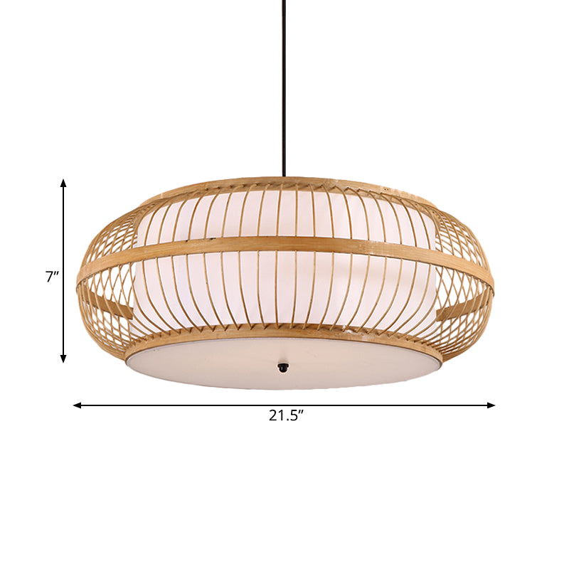 Beige Drum Pendant Lighting Asian Style 1 Light Bamboo Hanging Ceiling Light for Dining Room, 18"/21.5" Diameter Clearhalo 'Ceiling Lights' 'Pendant Lights' 'Pendants' Lighting' 141221