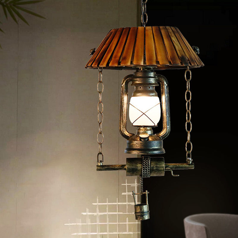 Lantern Pendant Ceiling Light Vintage Wood and Iron Single Bulb Brown Hanging Light for Indoor Brown Clearhalo 'Ceiling Lights' 'Glass shade' 'Glass' 'Modern Pendants' 'Modern' 'Pendant Lights' 'Pendants' Lighting' 141226