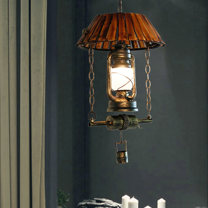 Lantern Pendant Ceiling Light Vintage Wood and Iron Single Bulb Brown Hanging Light for Indoor Clearhalo 'Ceiling Lights' 'Glass shade' 'Glass' 'Modern Pendants' 'Modern' 'Pendant Lights' 'Pendants' Lighting' 141227