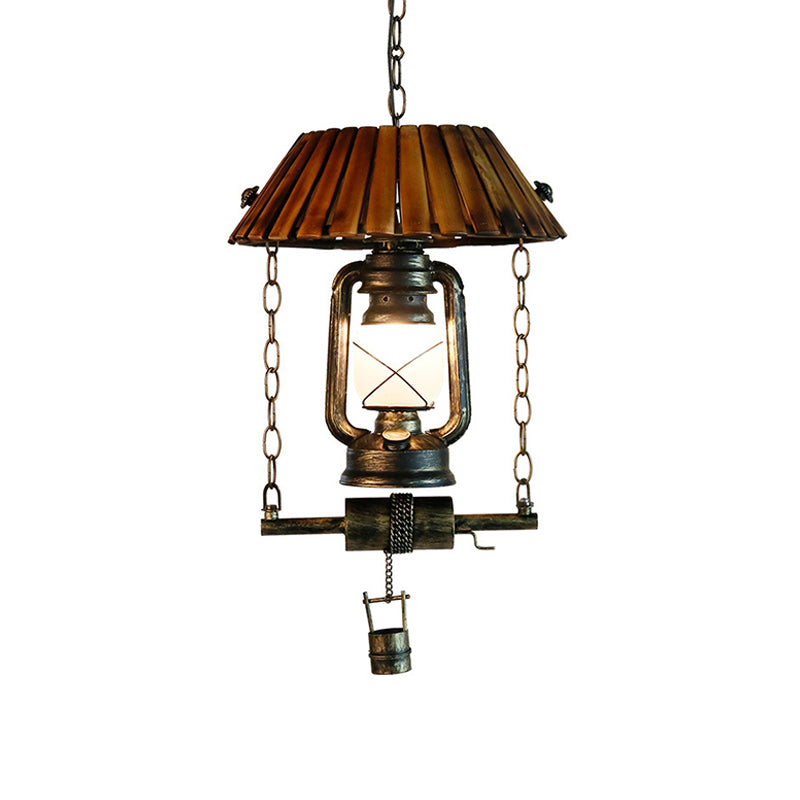 Lantern Pendant Ceiling Light Vintage Wood and Iron Single Bulb Brown Hanging Light for Indoor Clearhalo 'Ceiling Lights' 'Glass shade' 'Glass' 'Modern Pendants' 'Modern' 'Pendant Lights' 'Pendants' Lighting' 141228