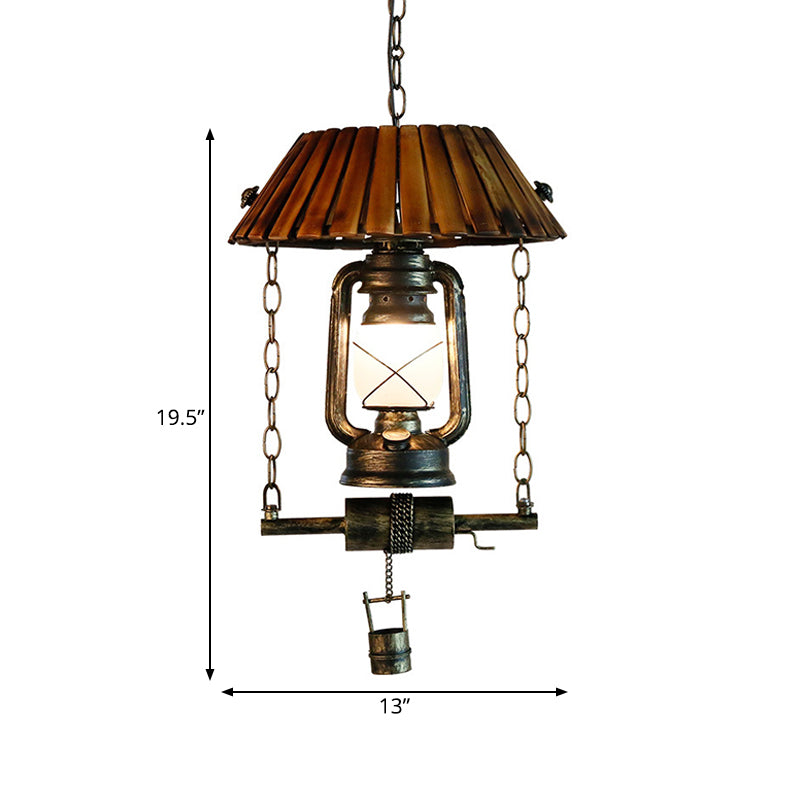 Lantern Pendant Ceiling Light Vintage Wood and Iron Single Bulb Brown Hanging Light for Indoor Clearhalo 'Ceiling Lights' 'Glass shade' 'Glass' 'Modern Pendants' 'Modern' 'Pendant Lights' 'Pendants' Lighting' 141229