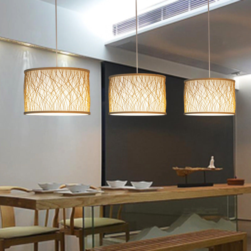 Japanese 1-Light Pendant Light Fixture with Hand-Woven Bamboo Beige Drum Shade Hanging Lamp for Restaurant Beige Clearhalo 'Ceiling Lights' 'Modern Pendants' 'Modern' 'Pendant Lights' 'Pendants' Lighting' 141234