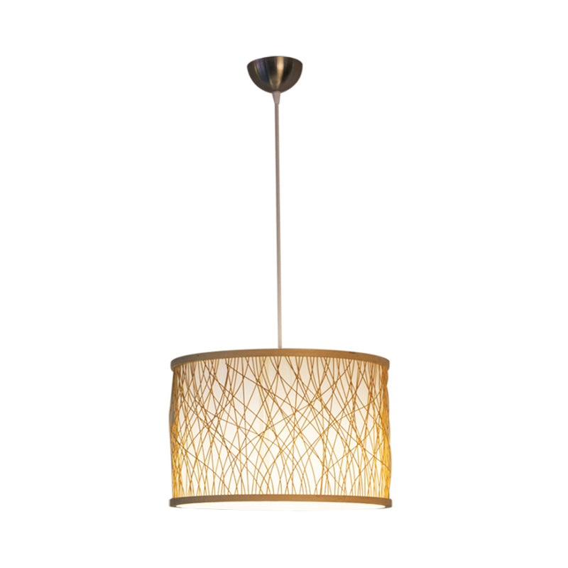 Japanese 1-Light Pendant Light Fixture with Hand-Woven Bamboo Beige Drum Shade Hanging Lamp for Restaurant Clearhalo 'Ceiling Lights' 'Modern Pendants' 'Modern' 'Pendant Lights' 'Pendants' Lighting' 141236