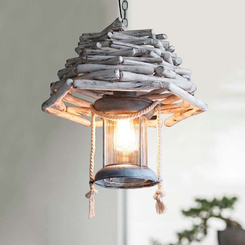 Lantern Hanging Pendant Light Vintage Wood 1-Light White Ceiling Pendant Lamp for Foyer Clearhalo 'Ceiling Lights' 'Modern Pendants' 'Modern' 'Pendant Lights' 'Pendants' Lighting' 141248