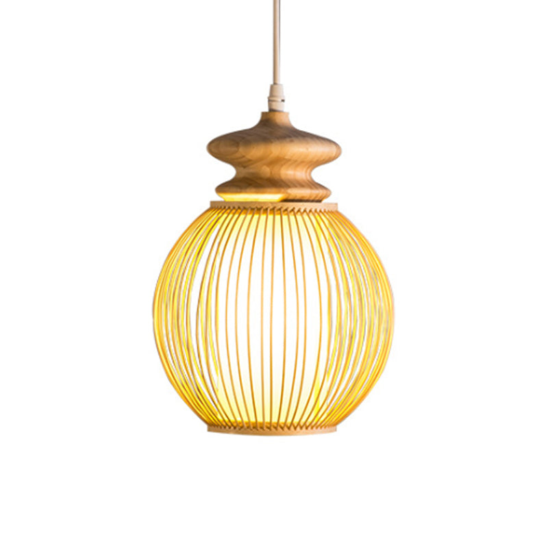 Bamboo Global Shade Hanging Lamp Asian Style 1 Light Ceiling Light Fixture with Wooden Cap in Beige, 9"/12" Dia Clearhalo 'Ceiling Lights' 'Pendant Lights' 'Pendants' Lighting' 141314