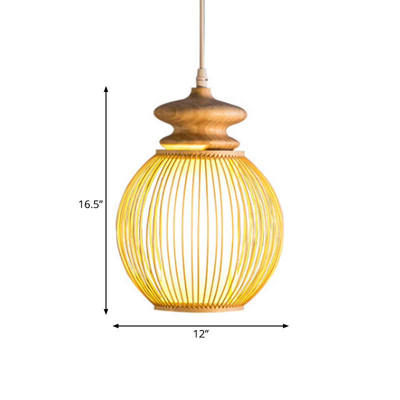 Bamboo Global Shade Hanging Lamp Asian Style 1 Light Ceiling Light Fixture with Wooden Cap in Beige, 9"/12" Dia Clearhalo 'Ceiling Lights' 'Pendant Lights' 'Pendants' Lighting' 141316