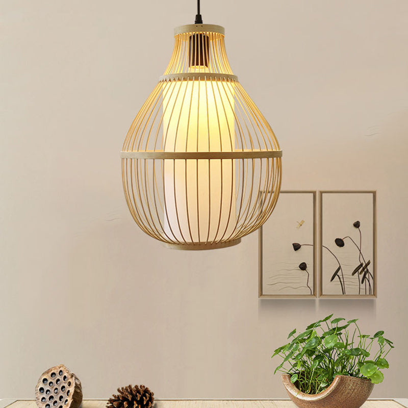 Teardrop Hanging Lamp Lodge Style Bamboo 1 Head Beige Pendant Lighting with Inner Cylinder Paper Shade Beige Clearhalo 'Ceiling Lights' 'Modern Pendants' 'Modern' 'Pendant Lights' 'Pendants' Lighting' 141326