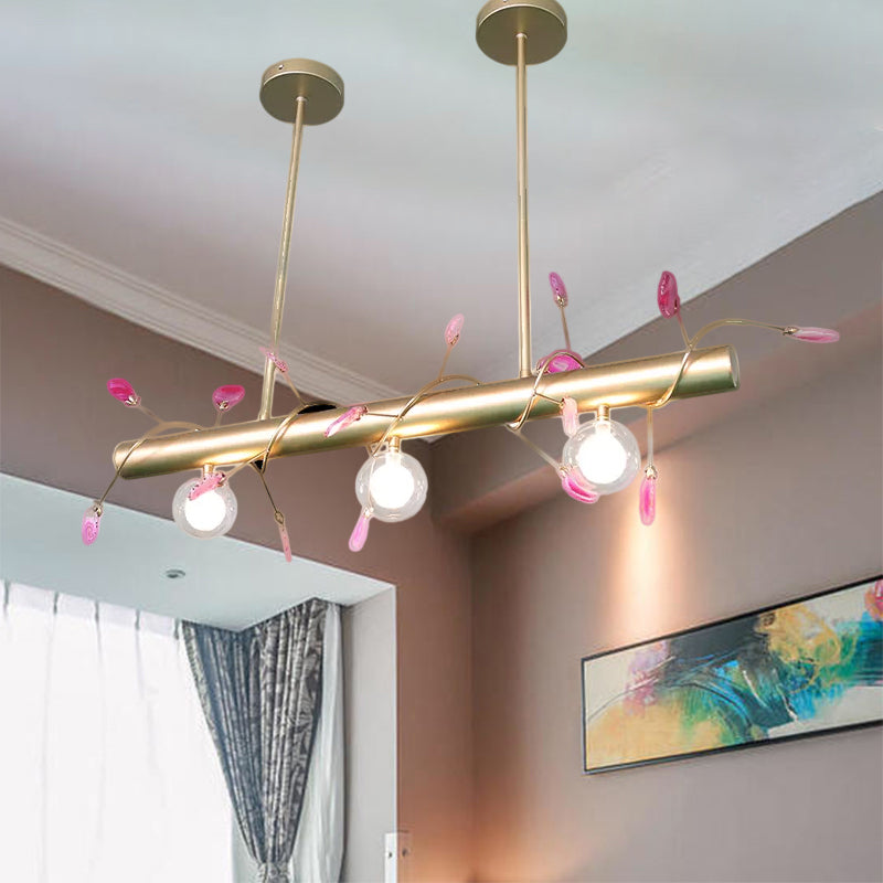 Iron Branch Island Pendant Contemporary 3-Light Ceiling Light Fixture in Pink/Yellow/Orange with Clear Glass Ball Shade Clearhalo 'Ceiling Lights' 'Close To Ceiling Lights' 'Glass shade' 'Glass' 'Island Lights' Lighting' 1414679