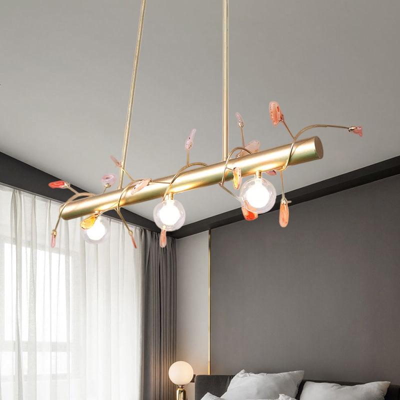 Iron Branch Island Pendant Contemporary 3-Light Ceiling Light Fixture in Pink/Yellow/Orange with Clear Glass Ball Shade Clearhalo 'Ceiling Lights' 'Close To Ceiling Lights' 'Glass shade' 'Glass' 'Island Lights' Lighting' 1414680