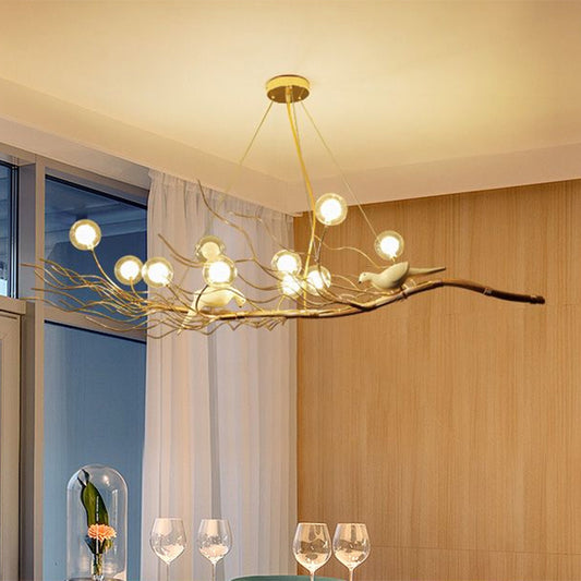 Gold Branch Pendant Light Modern 10-Light Clear Glass Island Lamp with Birds for Dining Room Clearhalo 'Ceiling Lights' 'Island Lights' Lighting' 1414689