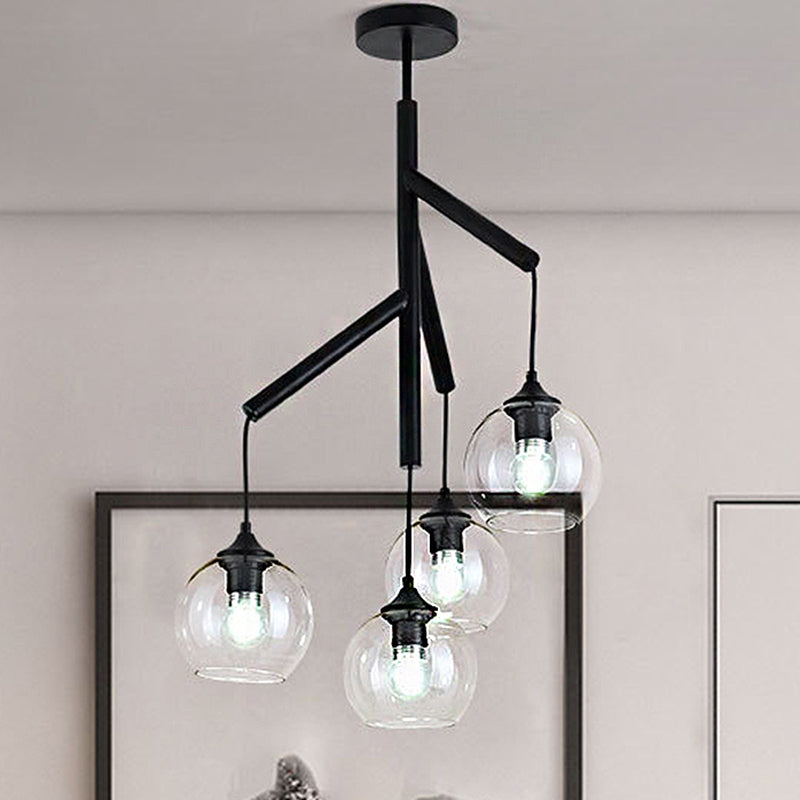 Metal Branch Chandelier Lamp Contemporary 4 Lights Black Hanging Pendant Light with Clear Glass Round Shade Clearhalo 'Ceiling Lights' 'Chandeliers' 'Modern Chandeliers' 'Modern' Lighting' 1415151