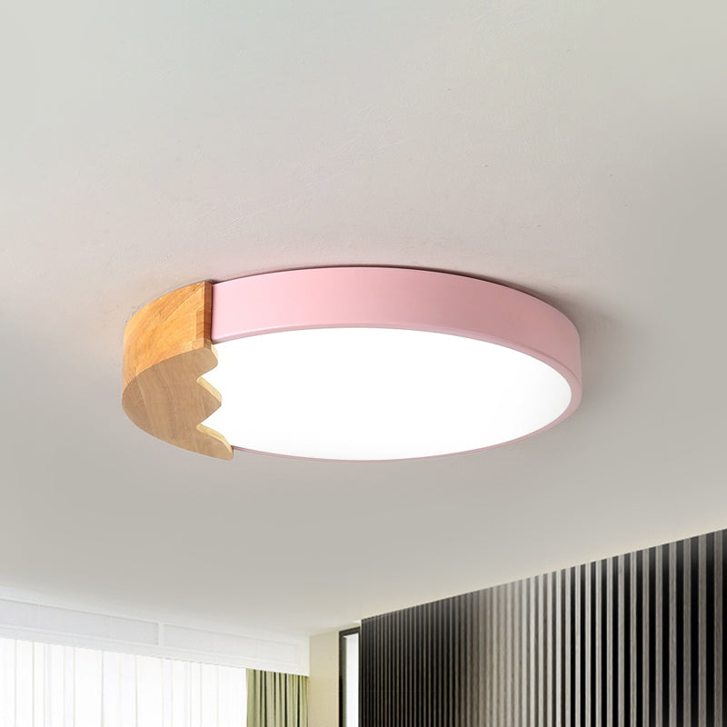 Circle Close to Ceiling Lamp Macaroon Metal LED Pink Flush Mount Lighting in Warm/White Light, 12"/16"/19.5" W Pink Clearhalo 'Ceiling Lights' 'Close To Ceiling Lights' 'Close to ceiling' 'Flush mount' Lighting' 1415209