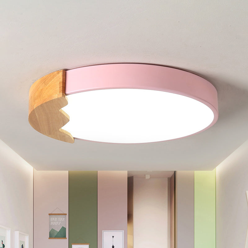 Circle Close to Ceiling Lamp Macaroon Metal LED Pink Flush Mount Lighting in Warm/White Light, 12"/16"/19.5" W Clearhalo 'Ceiling Lights' 'Close To Ceiling Lights' 'Close to ceiling' 'Flush mount' Lighting' 1415210