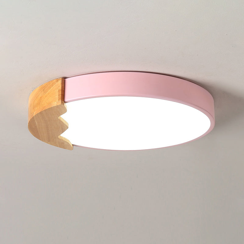 Circle Close to Ceiling Lamp Macaroon Metal LED Pink Flush Mount Lighting in Warm/White Light, 12"/16"/19.5" W Clearhalo 'Ceiling Lights' 'Close To Ceiling Lights' 'Close to ceiling' 'Flush mount' Lighting' 1415211