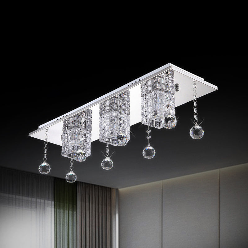 Clear Crystal Shade Nickel Flushmount Cube 3 Heads Modern Ceiling Lamp with Orbs Draping in White/Warm Light Clearhalo 'Ceiling Lights' 'Close To Ceiling Lights' 'Close to ceiling' 'Flush mount' Lighting' 1415777