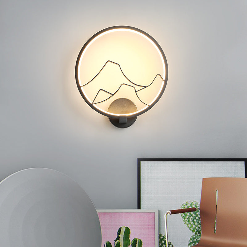 Acrylic Ring Wall Lamp Minimalist LED Wall Sconce Light Fixture in White/Black with Mountain Shade Black Clearhalo 'Modern wall lights' 'Modern' 'Wall Lamps & Sconces' 'Wall Lights' Lighting' 141581