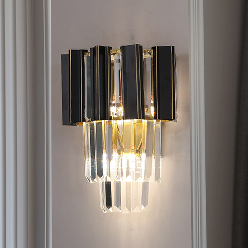 3 Bulbs Clear Crystal Prisms Sconce Light Contemporary Black Boxes Tapered Bedroom Wall Lamp Black Clearhalo 'Modern wall lights' 'Modern' 'Wall Lamps & Sconces' 'Wall Lights' Lighting' 1415883