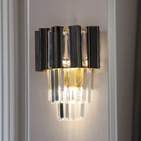 3 Bulbs Clear Crystal Prisms Sconce Light Contemporary Black Boxes Tapered Bedroom Wall Lamp Black Clearhalo 'Modern wall lights' 'Modern' 'Wall Lamps & Sconces' 'Wall Lights' Lighting' 1415883