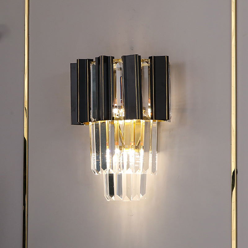 3 Bulbs Clear Crystal Prisms Sconce Light Contemporary Black Boxes Tapered Bedroom Wall Lamp Clearhalo 'Modern wall lights' 'Modern' 'Wall Lamps & Sconces' 'Wall Lights' Lighting' 1415884