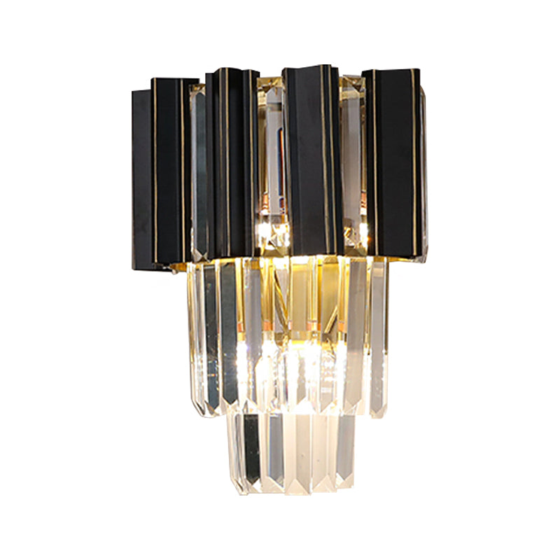 3 Bulbs Clear Crystal Prisms Sconce Light Contemporary Black Boxes Tapered Bedroom Wall Lamp Clearhalo 'Modern wall lights' 'Modern' 'Wall Lamps & Sconces' 'Wall Lights' Lighting' 1415885