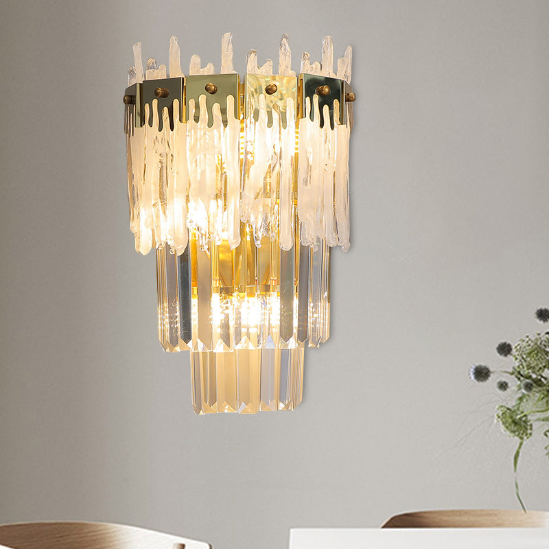 Gold Finish Tapered Wall Mount Light Contemporary Crystal Prisms 3 Bulbs Bedroom Flush Wall Sconce Gold Clearhalo 'Modern wall lights' 'Modern' 'Wall Lamps & Sconces' 'Wall Lights' Lighting' 1415923