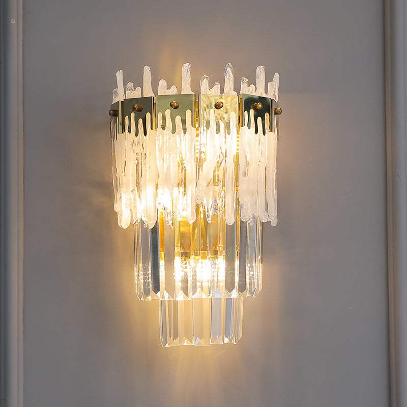 Gold Finish Tapered Wall Mount Light Contemporary Crystal Prisms 3 Bulbs Bedroom Flush Wall Sconce Clearhalo 'Modern wall lights' 'Modern' 'Wall Lamps & Sconces' 'Wall Lights' Lighting' 1415924
