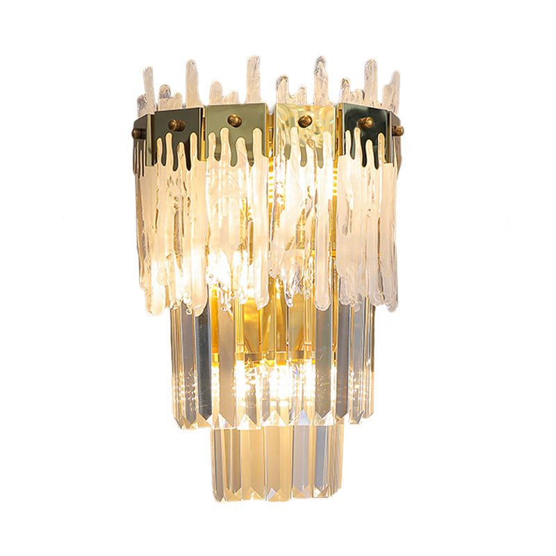 Gold Finish Tapered Wall Mount Light Contemporary Crystal Prisms 3 Bulbs Bedroom Flush Wall Sconce Clearhalo 'Modern wall lights' 'Modern' 'Wall Lamps & Sconces' 'Wall Lights' Lighting' 1415925