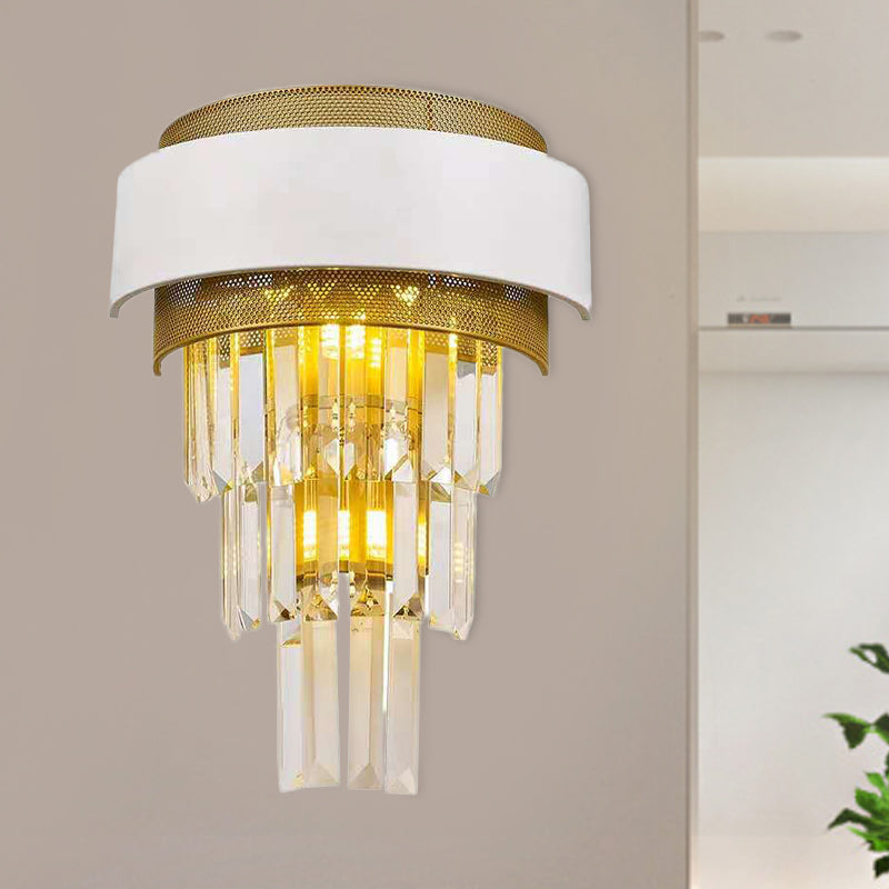 3 Heads Taper Flush Wall Sconce Modern White Square/Round Clear Crystal Prisms Wall Lamp with Gold Mesh White Round Clearhalo 'Modern wall lights' 'Modern' 'Wall Lamps & Sconces' 'Wall Lights' Lighting' 1415938