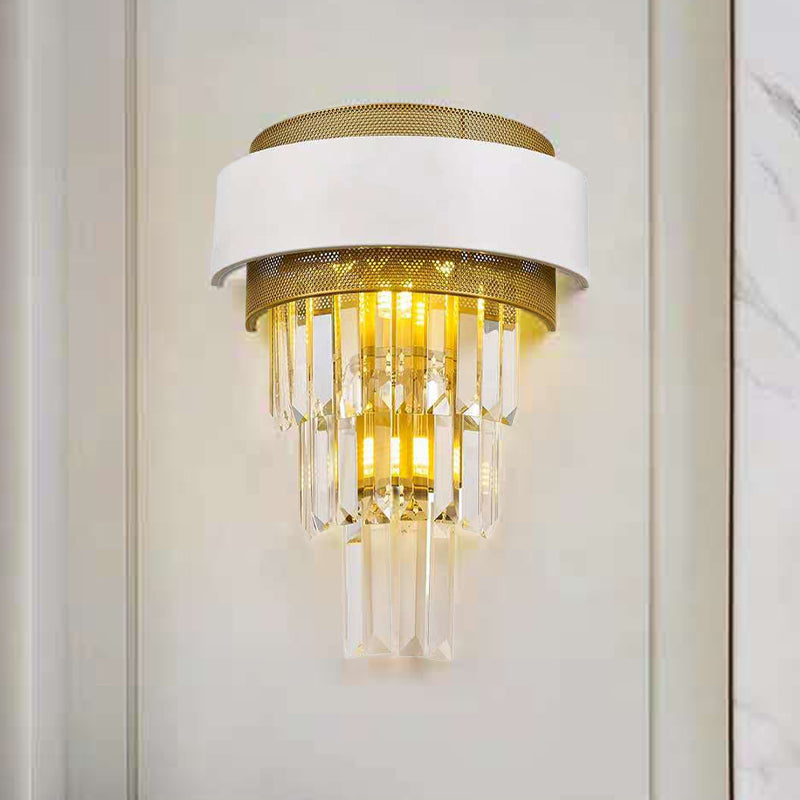 3 Heads Taper Flush Wall Sconce Modern White Square/Round Clear Crystal Prisms Wall Lamp with Gold Mesh Clearhalo 'Modern wall lights' 'Modern' 'Wall Lamps & Sconces' 'Wall Lights' Lighting' 1415939