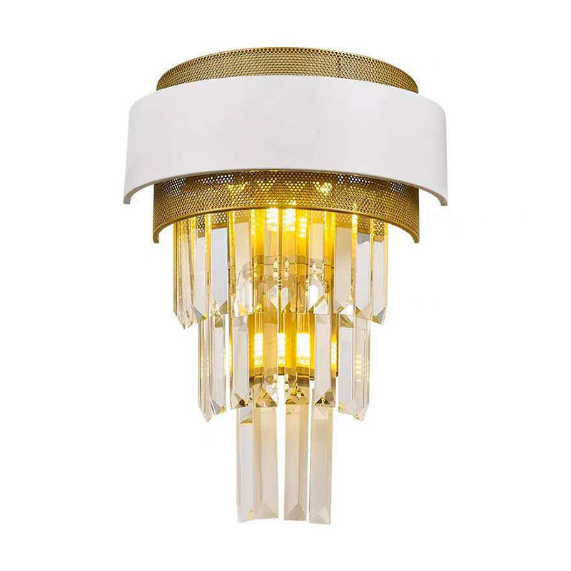 3 Heads Taper Flush Wall Sconce Modern White Square/Round Clear Crystal Prisms Wall Lamp with Gold Mesh Clearhalo 'Modern wall lights' 'Modern' 'Wall Lamps & Sconces' 'Wall Lights' Lighting' 1415940
