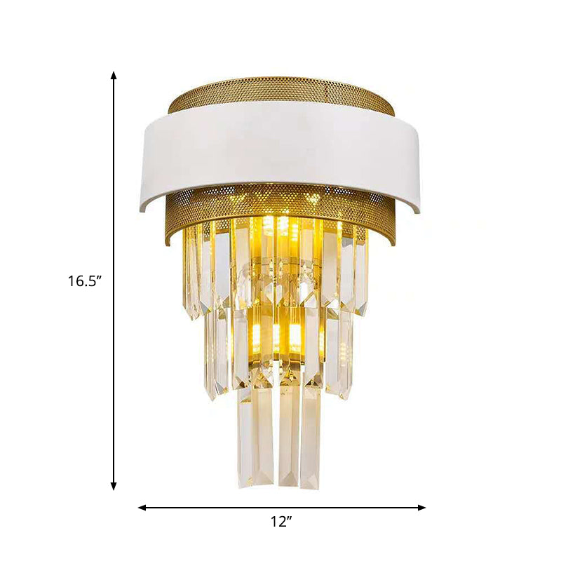 3 Heads Taper Flush Wall Sconce Modern White Square/Round Clear Crystal Prisms Wall Lamp with Gold Mesh Clearhalo 'Modern wall lights' 'Modern' 'Wall Lamps & Sconces' 'Wall Lights' Lighting' 1415941