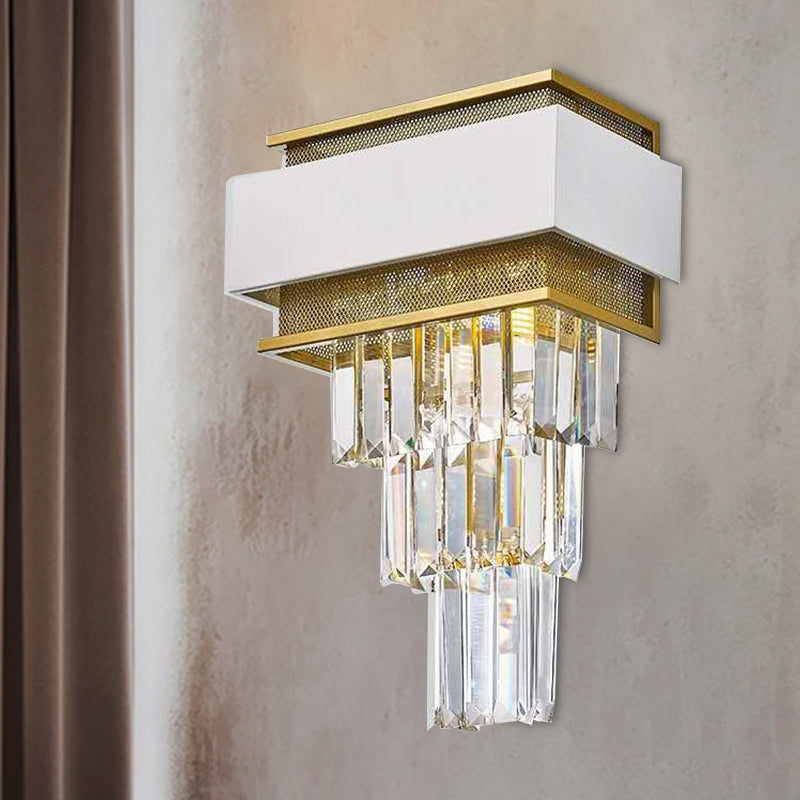 3 Heads Taper Flush Wall Sconce Modern White Square/Round Clear Crystal Prisms Wall Lamp with Gold Mesh White Square Plate Clearhalo 'Modern wall lights' 'Modern' 'Wall Lamps & Sconces' 'Wall Lights' Lighting' 1415942