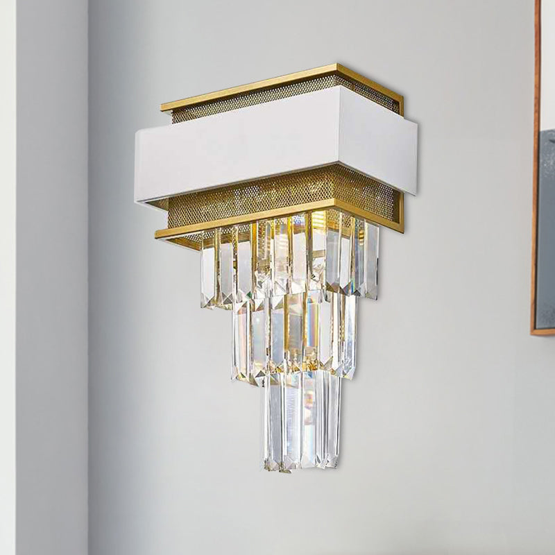 3 Heads Taper Flush Wall Sconce Modern White Square/Round Clear Crystal Prisms Wall Lamp with Gold Mesh Clearhalo 'Modern wall lights' 'Modern' 'Wall Lamps & Sconces' 'Wall Lights' Lighting' 1415943