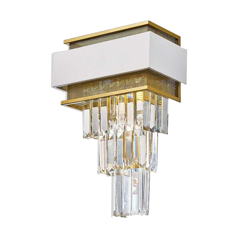 3 Heads Taper Flush Wall Sconce Modern White Square/Round Clear Crystal Prisms Wall Lamp with Gold Mesh Clearhalo 'Modern wall lights' 'Modern' 'Wall Lamps & Sconces' 'Wall Lights' Lighting' 1415944