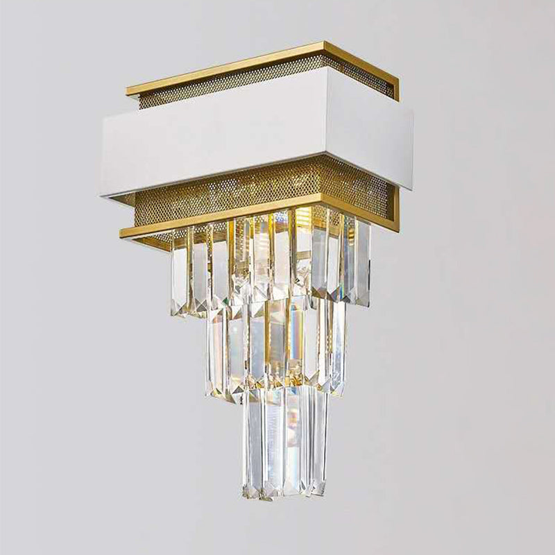 3 Heads Taper Flush Wall Sconce Modern White Square/Round Clear Crystal Prisms Wall Lamp with Gold Mesh Clearhalo 'Modern wall lights' 'Modern' 'Wall Lamps & Sconces' 'Wall Lights' Lighting' 1415945
