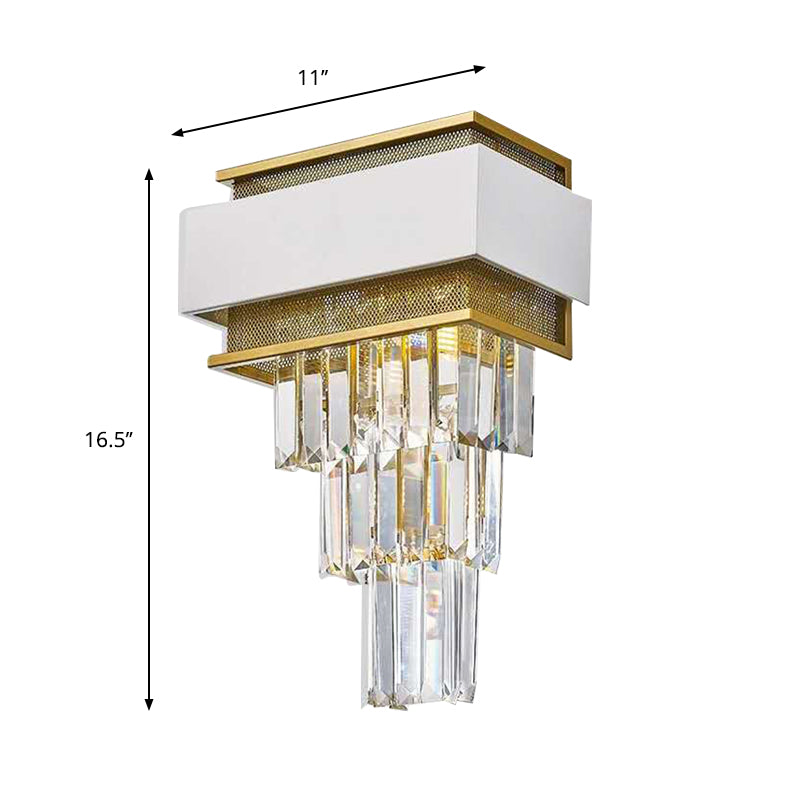 3 Heads Taper Flush Wall Sconce Modern White Square/Round Clear Crystal Prisms Wall Lamp with Gold Mesh Clearhalo 'Modern wall lights' 'Modern' 'Wall Lamps & Sconces' 'Wall Lights' Lighting' 1415946