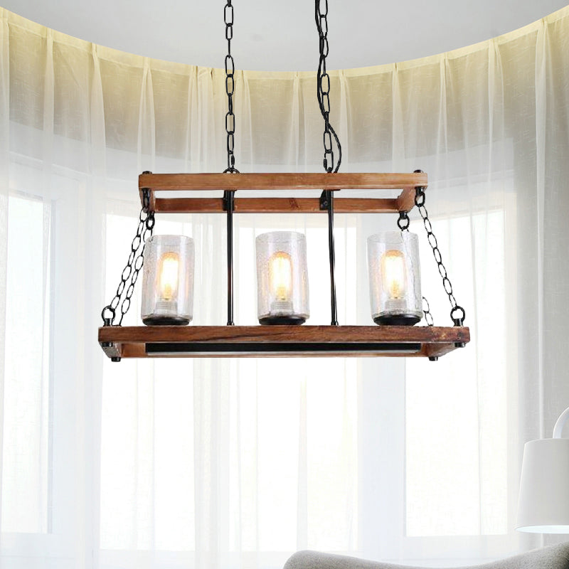 Brown Cylinder Island Light Rustic Seeded Glass 3-Bulb Living Room Hanging Lamp with Wooden Trapezoid Guard Clearhalo 'Ceiling Lights' 'Island Lights' Lighting' 1415990